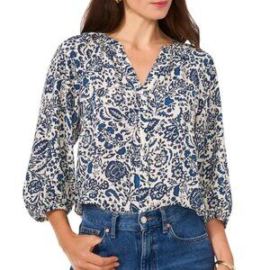 79$ Vince Camuto Printed Button Front Blouse Top Short Sleeves Size XS Blue